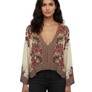 Free People Floral V-Neck Blouse - Cream and Brown